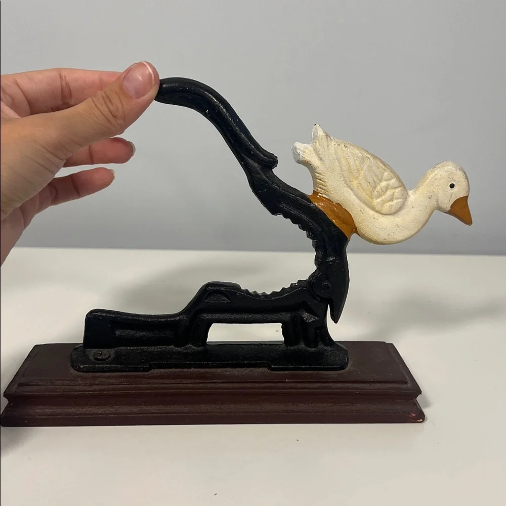 Vintage Cream Duck‎ Cast Iron Holiday Nut Cracker with Wood Base Country Home